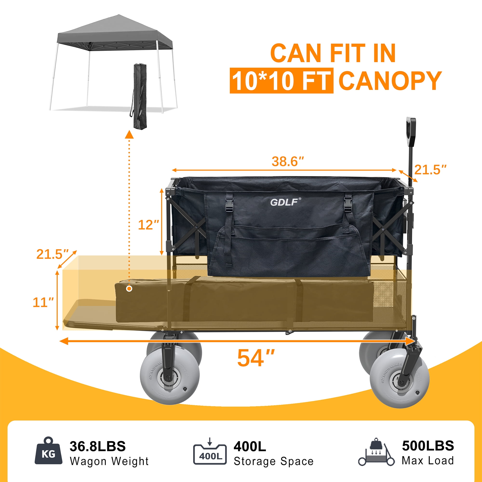 GDLF Beach Wagon, Double Decker Utility Cart with 500lb Capacity & 9" All-Terrain Balloon Tires, Collapsible Heavy Duty Buggy for Camping, Sports, Groceries