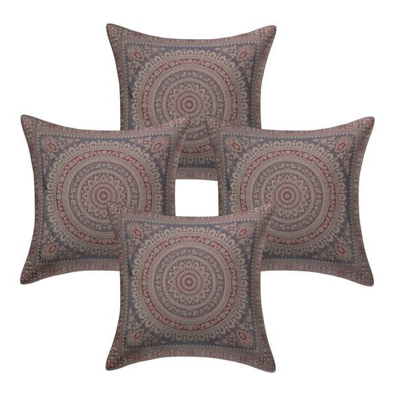 Stylo Culture Indian Brocade Living Room Throw Pillow Sham Covers Grey 16 x 16 Traditional Jacquard Weave Gold Sofa Cushion Covers 40x40 cm Polydupion Silk Mandala Square Pillow Cases | Set Of 4