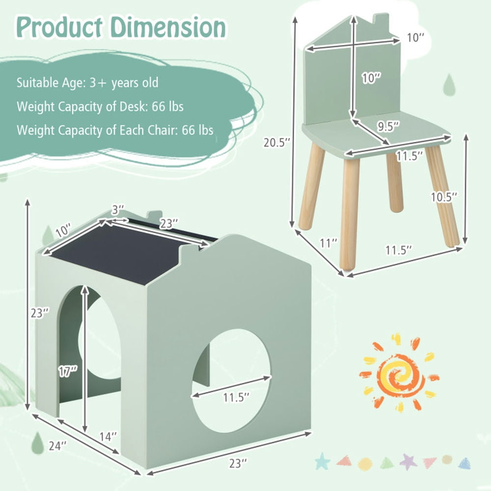 Resenkos 3 Pieces Wooden Kids Table and Chair Set-Green, Small Folding Table for Arts & Crafts, Snack Time, Homeschooling, Homework