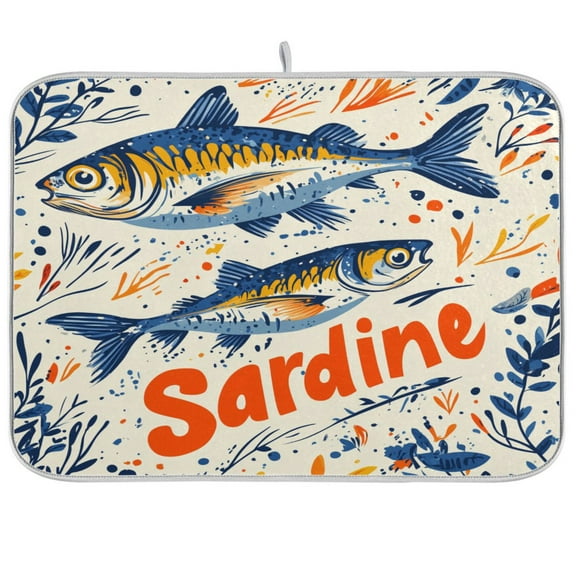 Yayeee Dish Drying Mat for Kitchen Counter Ultra Absorbent Easy Clean Pad 18x16", Blue Sardines Pattern