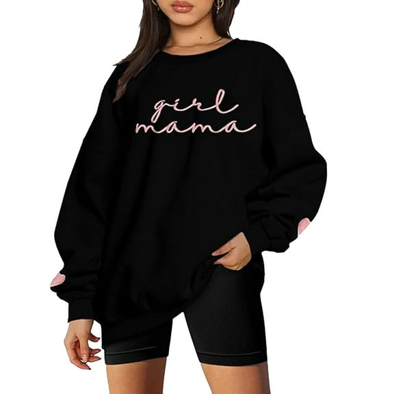 UFOUND Women Mama Oversized Crewneck Sweatshirt: Momma Embroidered Shirt Funny Mom Letter Print Long Sleeve Pullover Winter Tops Leisure Streetwear