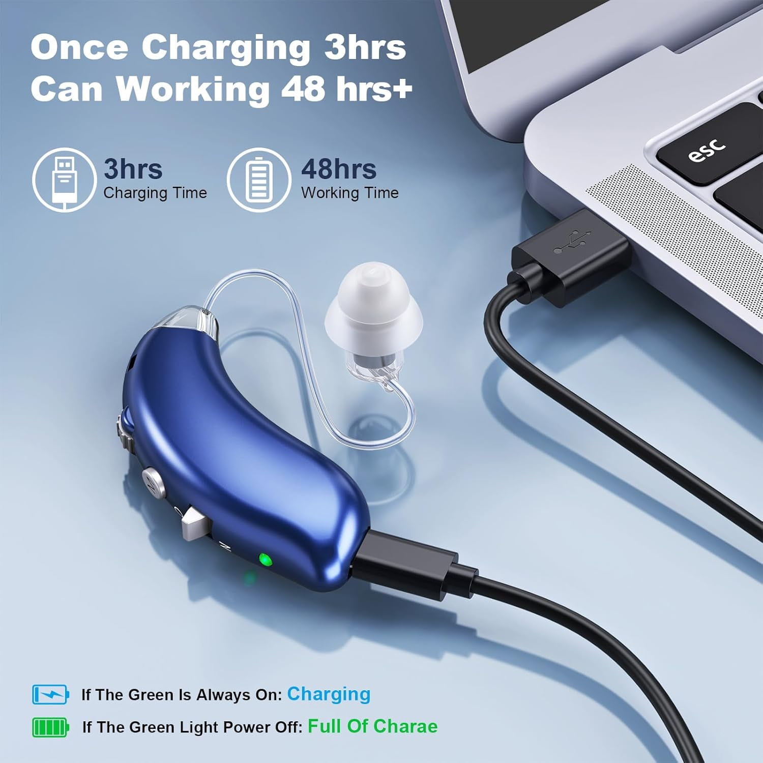 Digital Hearing Aids for Seniors with Noise Reduction, Rechargeable BTE Hearing Aid for Adults with Hearing Loss with volume control. (Blue)