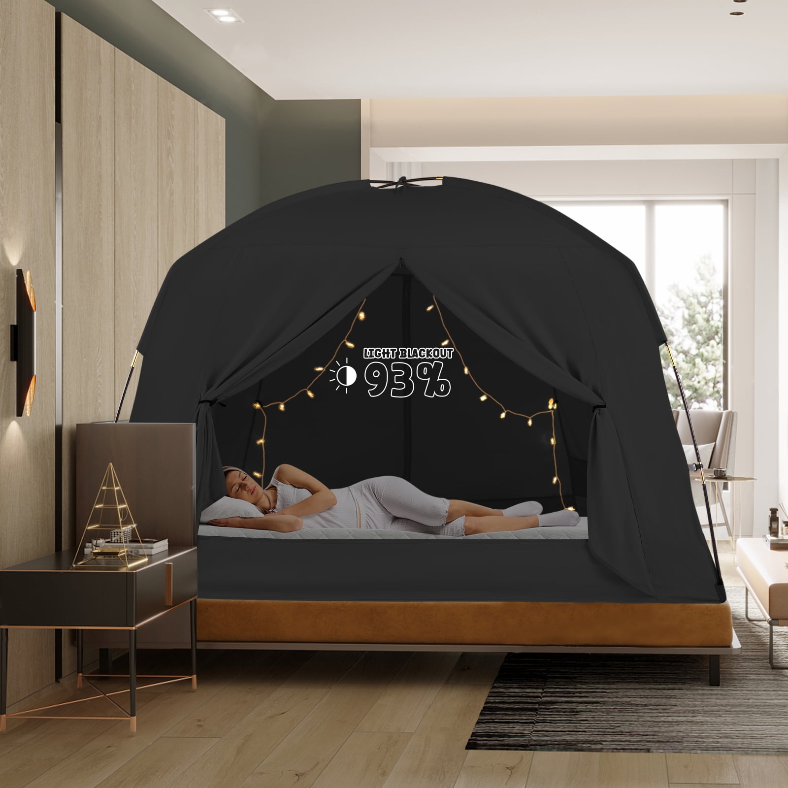 Bed Tents for Kids and Adult Portable 100% Breathable and 93% Blackout Toddler Dream Play Tent 3 Doors Big Privacy Sleep Canopy(Black, Twin-Size)