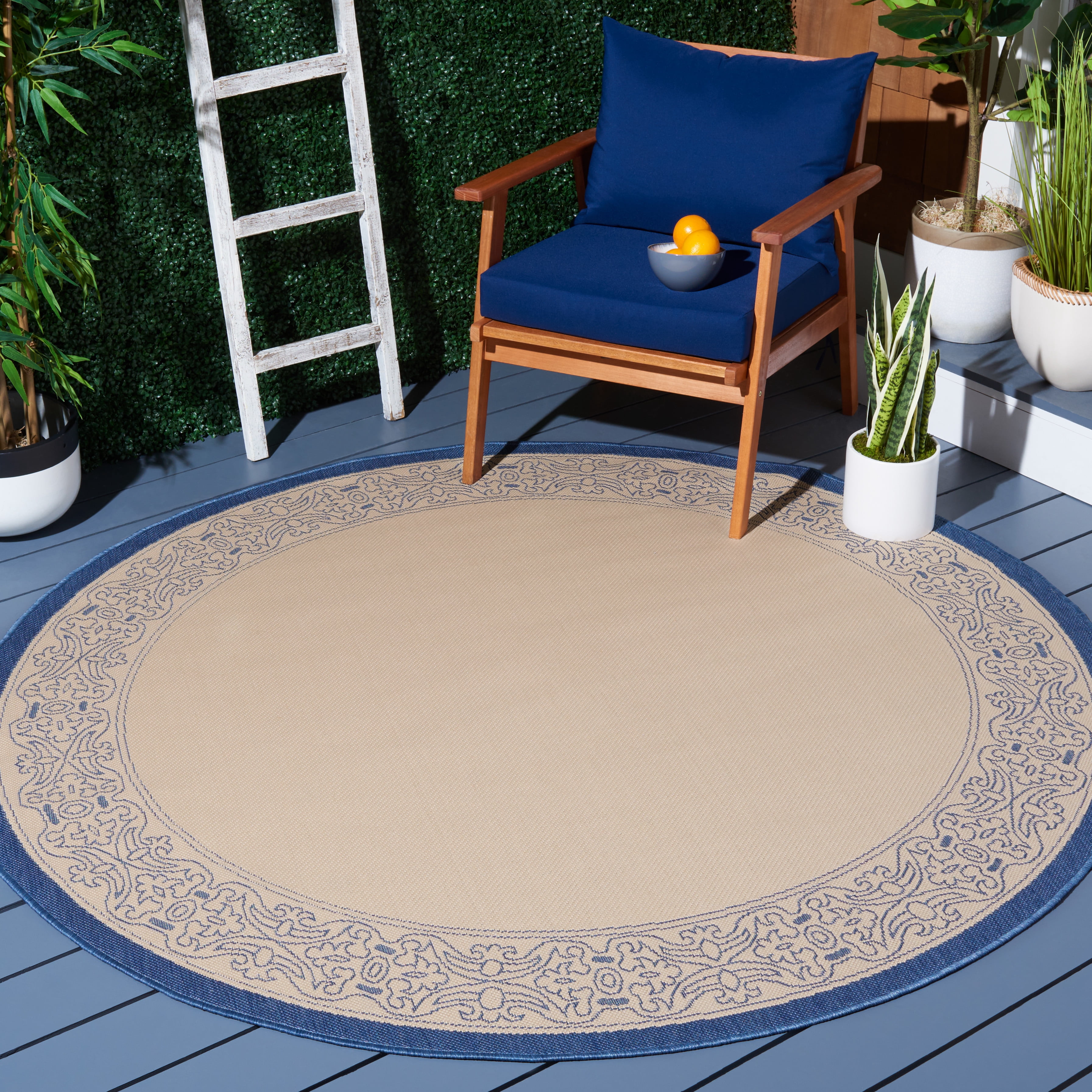 Safavieh Courtyard Donna Botanical Indoor/Outdoor Area Rug, Natural/Blue, 6'7" x 6'7" Round