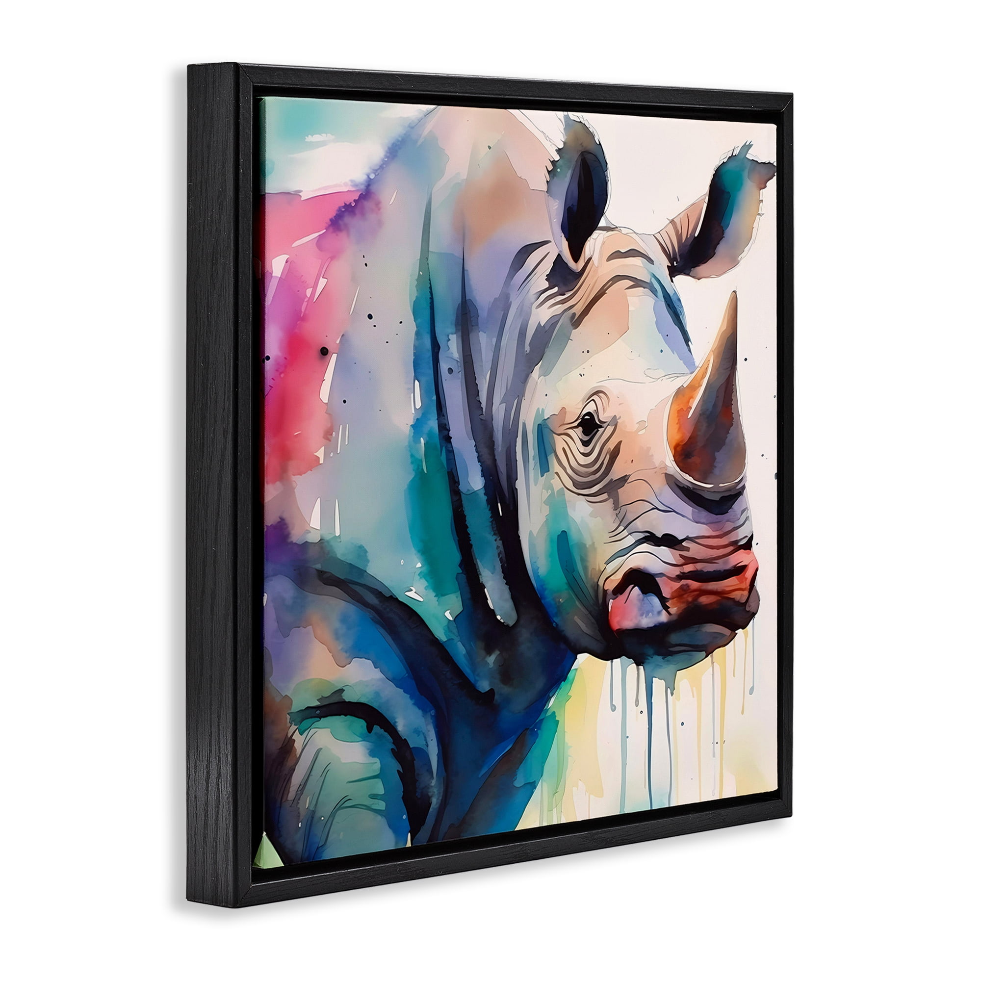 Stupell Industries Paint Drip Rhinoceros Animals & Insects Painting Black Floater Framed Canvas Art Print Wall Art, 25 x 25