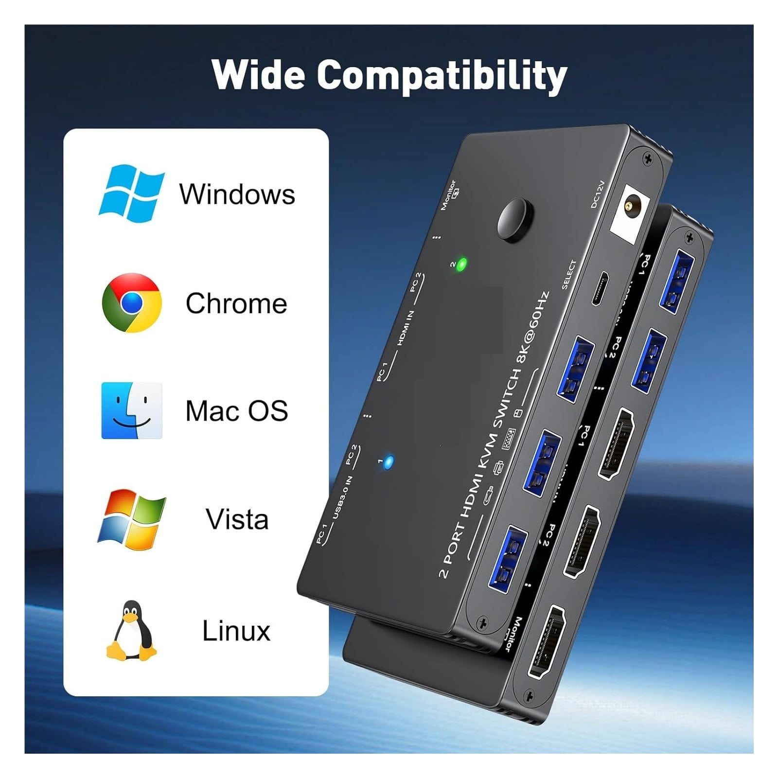 USB 3.0 KVM Switch 8K60Hz with 3 USB3.0 Switch for 2 Computers Sharing 1 Monitor Keyboard Mouse with 2 USB Cables