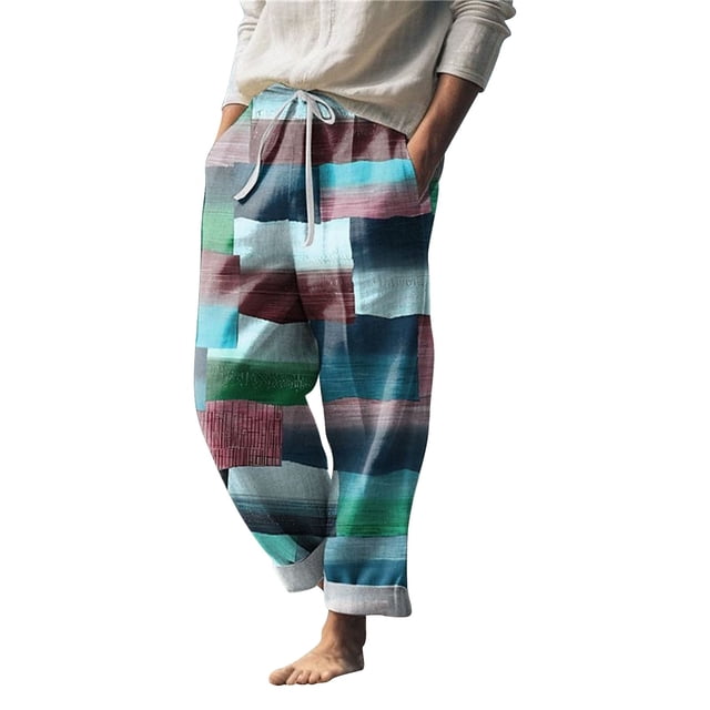 Clearance! Hontri Men's Pants Men's Summer Beach Drawstring Elastic Waist Pattern Color Block Geometric Pattern Breathable Soft Holiday Fashion Micro Elastic Pants Mint Green,S
