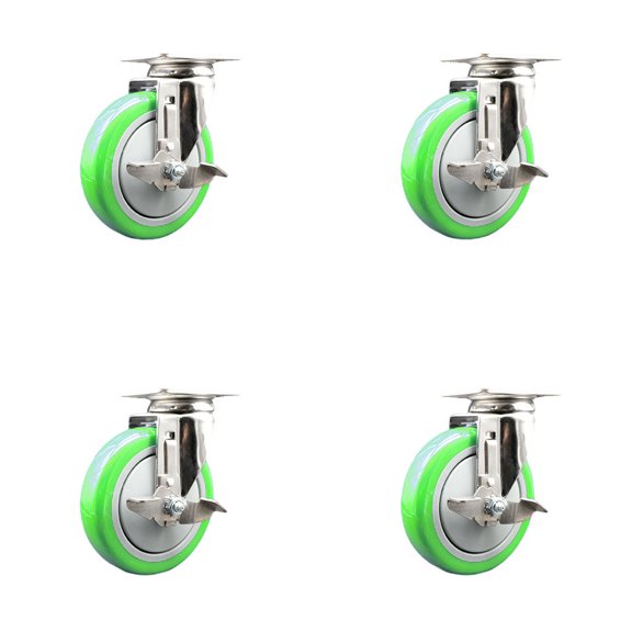 5 Inch 316SS Green Polyurethane Wheel Swivel Top Plate Caster Set with Brake SCC
