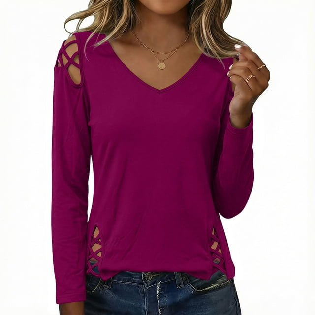 Xuyuer Summer Versatile Hollow-Out Long Sleeve Tee - Women's Solid Color V-Neck Casual Top, Breathable and Comfortable for Daily Outings, Friend Gatherings, and Easy Affordable Fashion Style