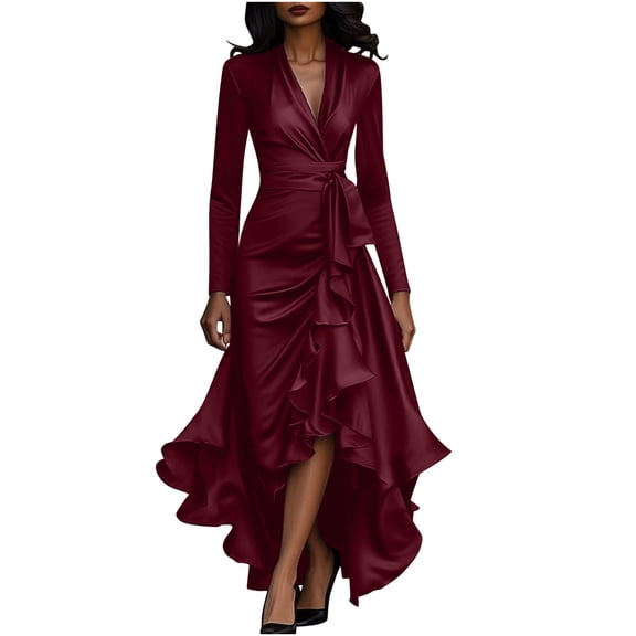 Sexlip Womens Solid V-Neck Dress, Cinched Waist Ruffled Elegant Maxi Dress, V Neck Long Sleeves Formal Gown Ruched Detail Red S