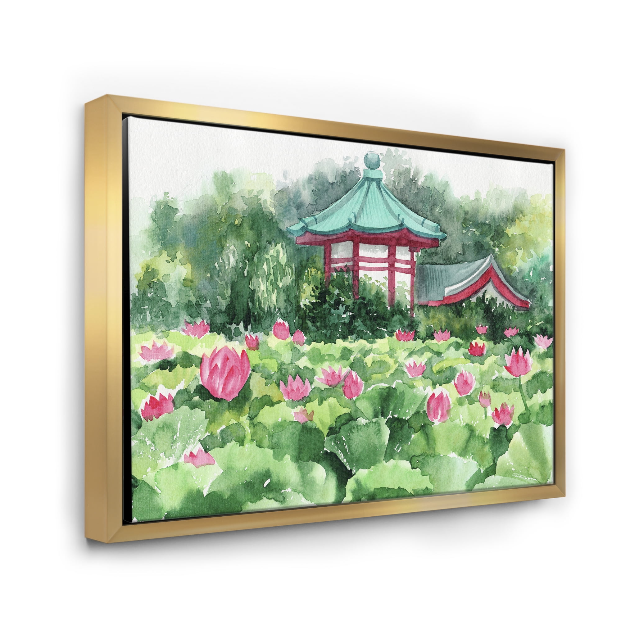 Pagoda and Lotus Lake 40 in x 30 in Framed Painting Canvas Art Print, by Designart