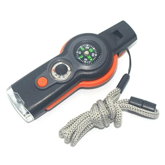 7-in-1 Multifunctional Survival Whistle with Compass Thermometer LED Light for Outdoor Camping Hiking Emergency