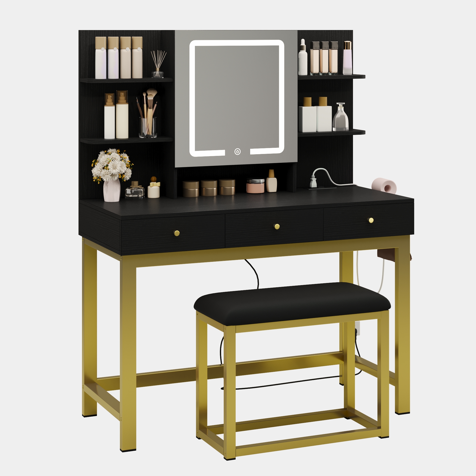 Uforic Vanity Set with Lighted Mirror & Power Outlet, Makeup Vanity Table Desk Chair Set for Bedroom, Black