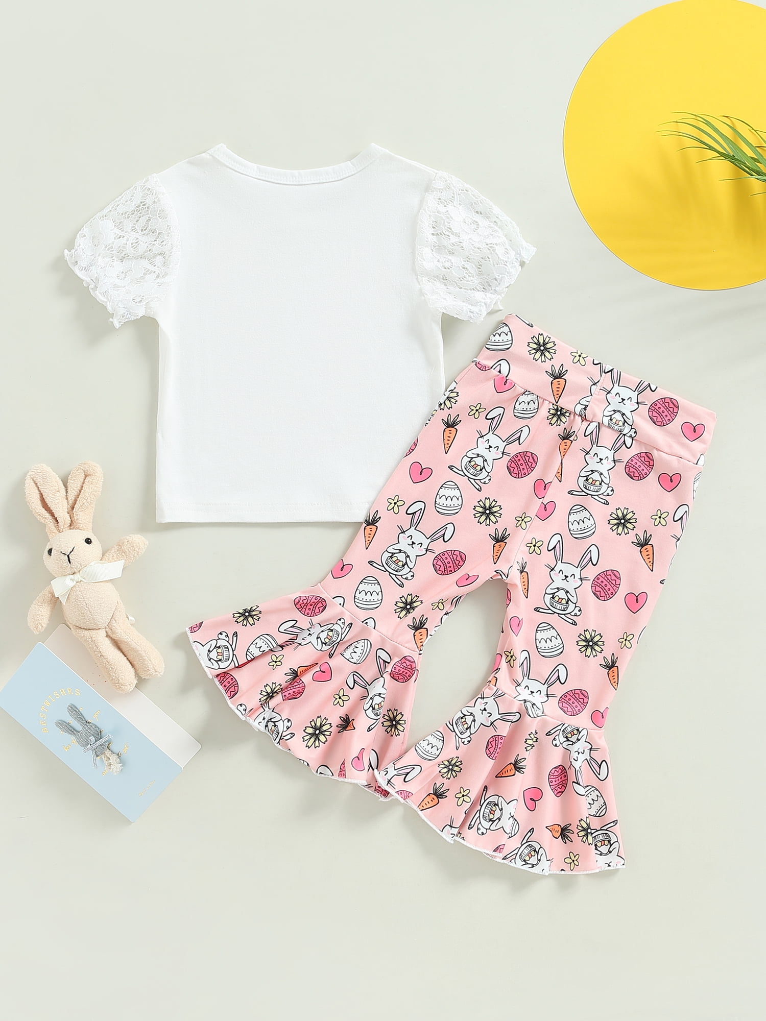 Easter 2-piece Toddler Girl Letter Rabbit Print Mesh Design Pink Tee and Bowknot Floral Print Flared Pants Set