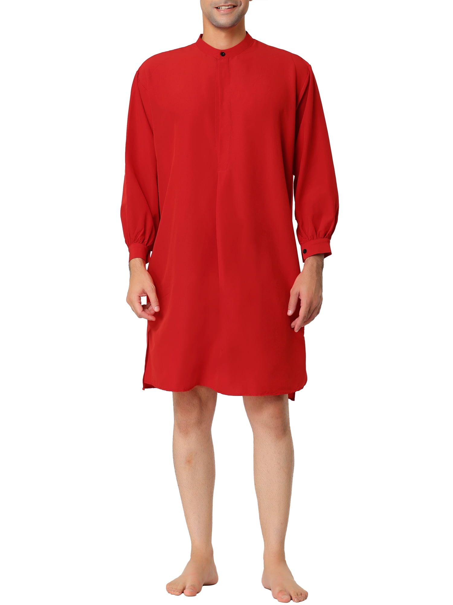 Unique Bargains Men's Banded Collar Nightshirt Sleep Shirt Nightgown S Red