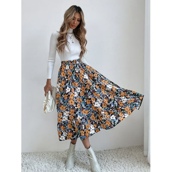 Gartered High Waist Floral Print Midi Skirt Below Knee Length