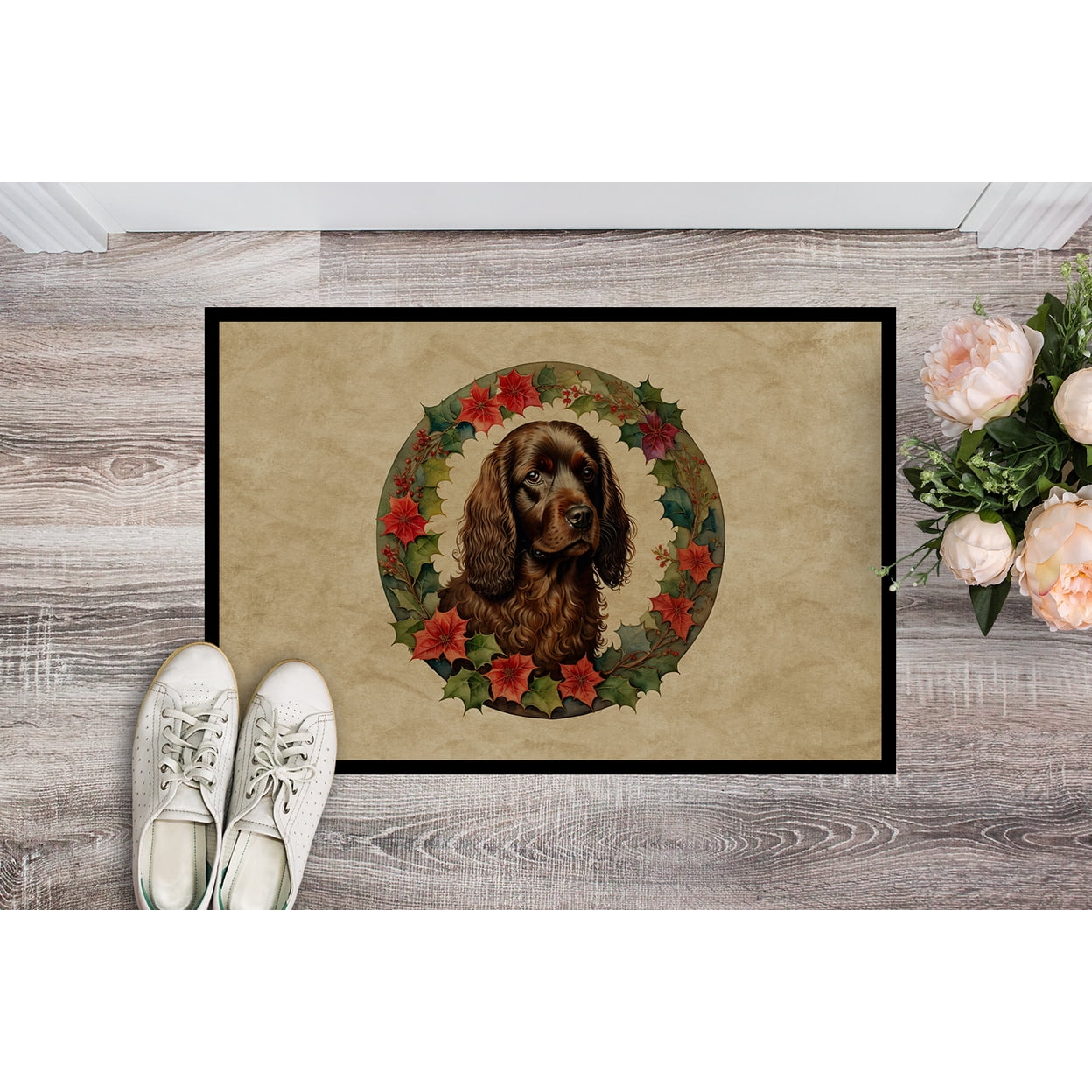Carolines Treasures DAC2331MAT 18 x 27 in. Unisex Boykin Spaniel Christmas Flowers Doormat