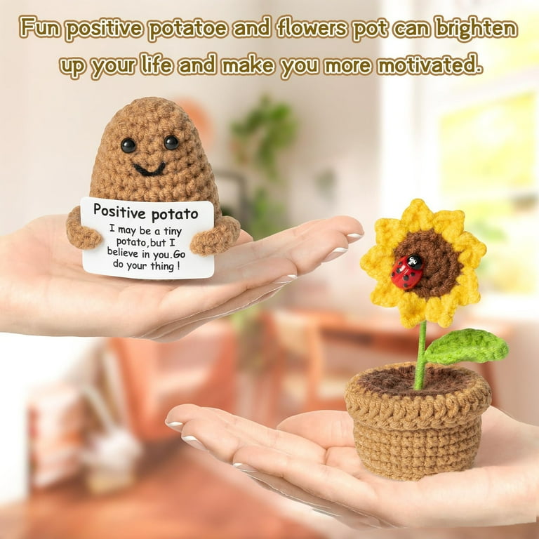 Duixinghas Emotional Support Potato Toy Crocheted Potted Sunflower Ornament Cartoon Potato Toy Set Positive Life Vegetable Dolls for Stress Relief