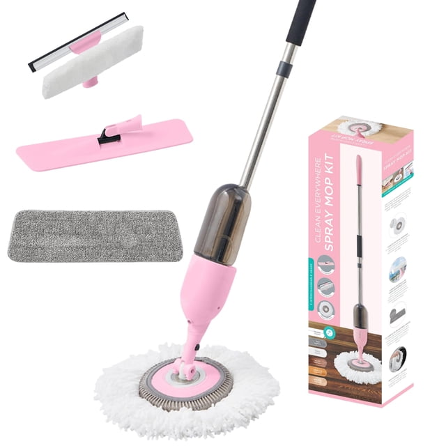 True & Tidy 3-in-1 Multi-Surface Spray Mop Kit with Flat, Round, Squeegee Mop Heads, Refillable Water Bottle, Machine Washable Microfiber P