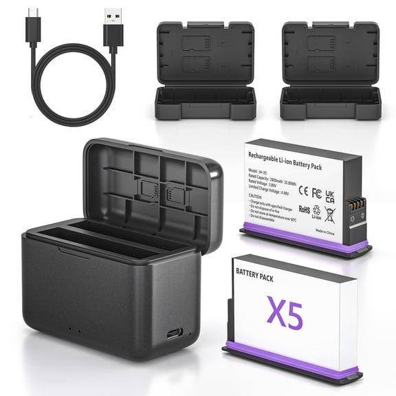 2 Pack Rechargeable Battery for Insta360 X5 Action Camera, Dual-Slot Charger Hub for Insta 360 X5 Battery