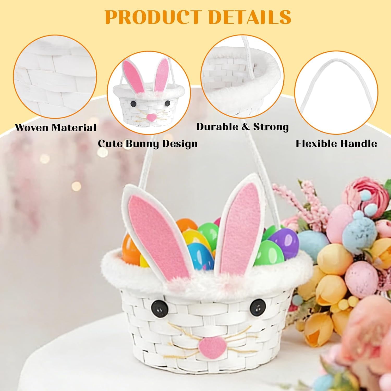 4 Sets Easter Bunny Ear Woven Baskets Set, Easter Eggs Hunting Bucket Wicker with 4 Colors Grass Paper Filler & 20PCS Empty Eggs, Large Candy Wicker Storage Basket with Handle for Party Favor Picnic