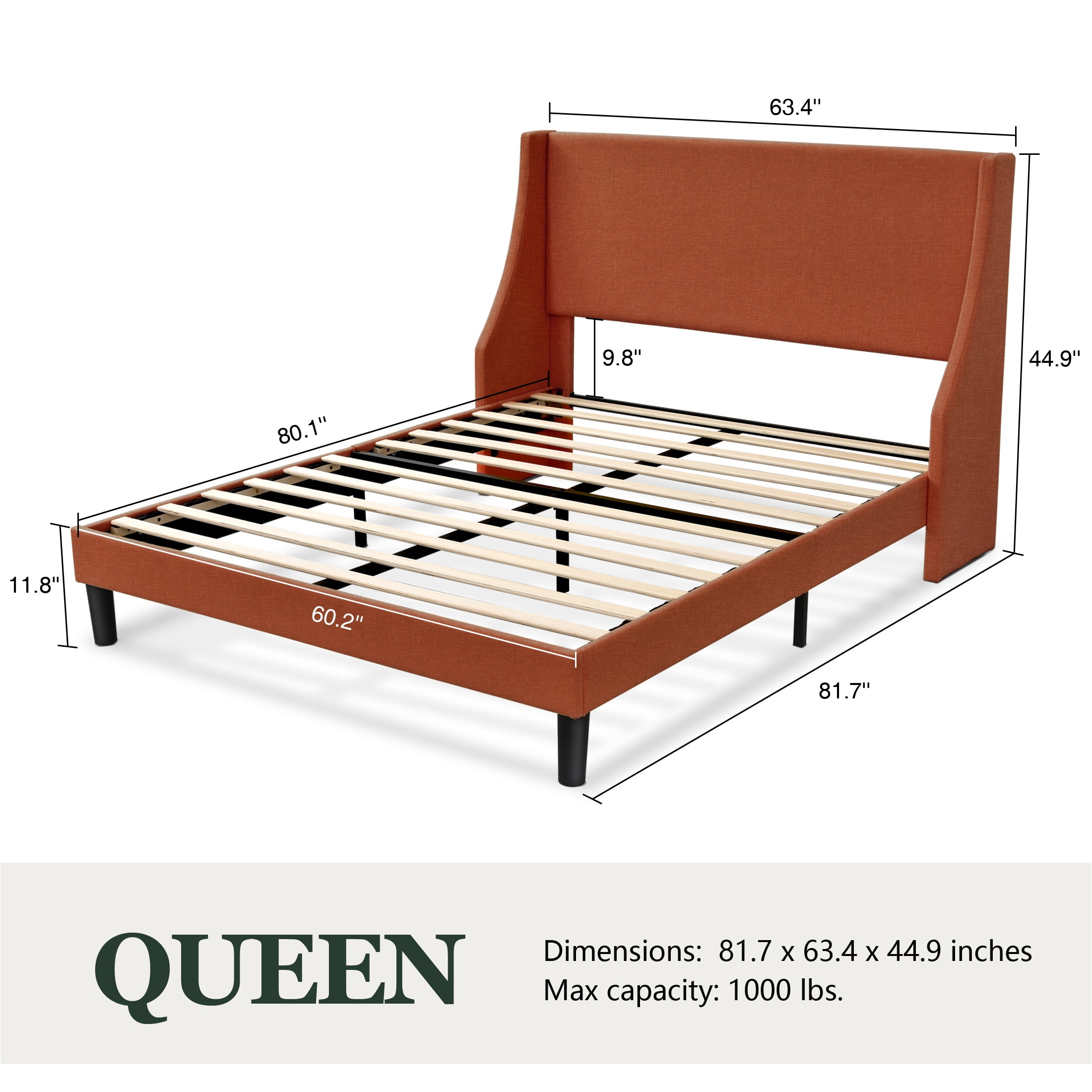 Einfach Queen Size Platform Bed Frame with Fabric Upholstered Wingback Headboard, Burnt Orange