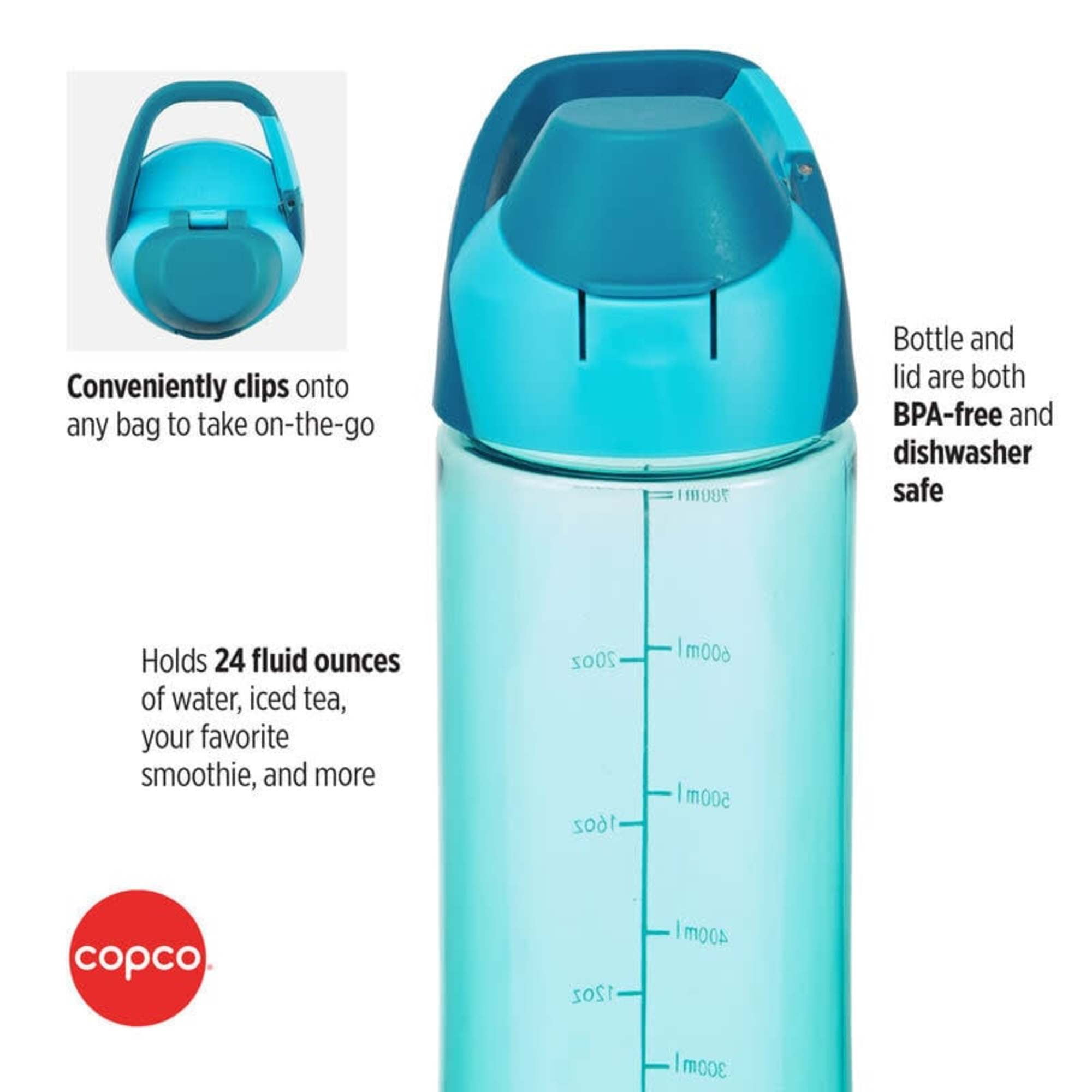 Copco ClipGo 24 Oz Tritan Water Bottle, Set of 2 – Teal Reusable Drink Containers with Graduation Markings, Clip Handle & Carry Loop, BPA Free & Comfortable to Carry, Cup Holder Friendly