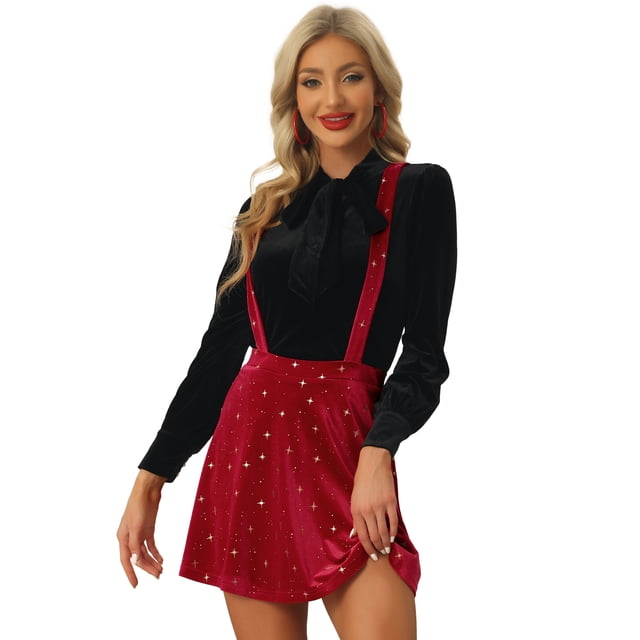 Minifalda de Tirantes Allegra K de Terciopelo con Estrellas para Mujer Rojo S
