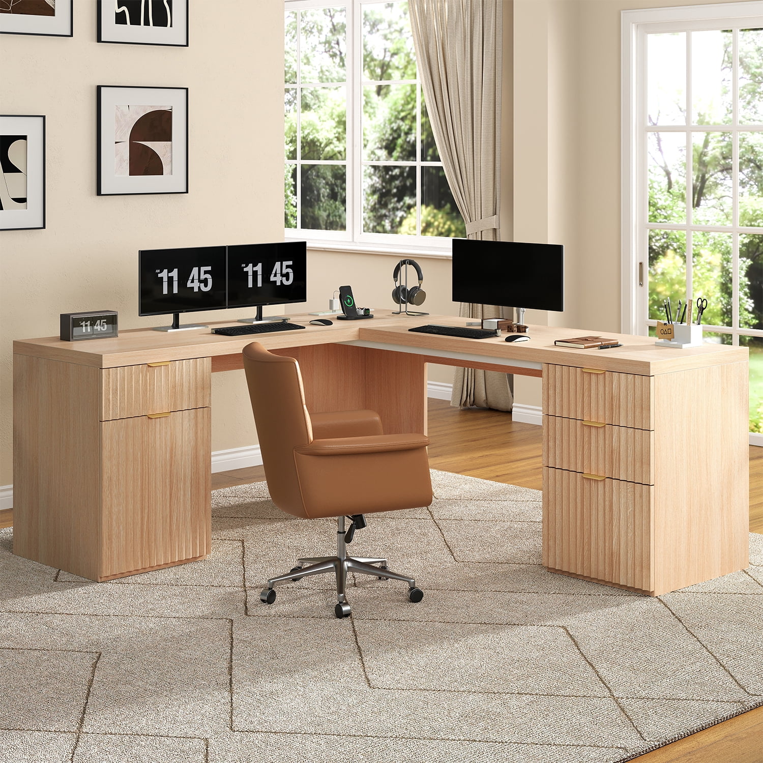 69-Inch Modern L Shaped Executive Desk with Charging Station & File Drawer, Large Home Office Corner Desk with Storage Drawers and Cabinet, Fluted Wood Computer Desk Writing Desk, Natural Oak Finish