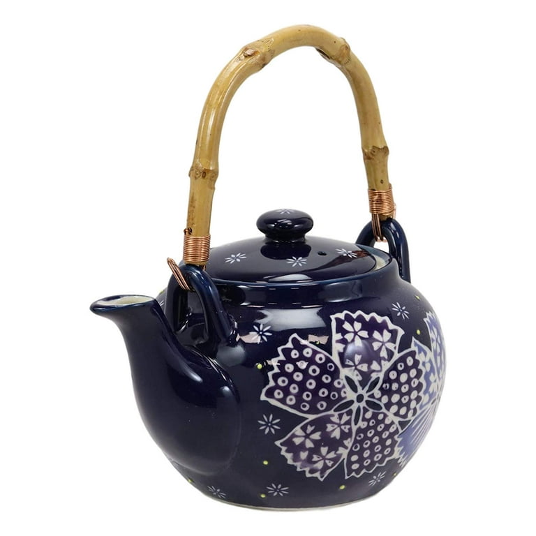 Blue Winter Frost Colorful Large Floral Blooms 25oz Tea Pot With 4