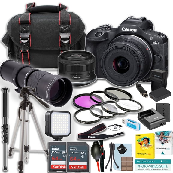 Canon EOS R100 Mirrorless Camera w/18-45mm and 420-800 Telephoto Lens  2x 64GB Ultra Memory Card   Canon Camera Case   LED Light   Tripod   More (23-piece Bundle)