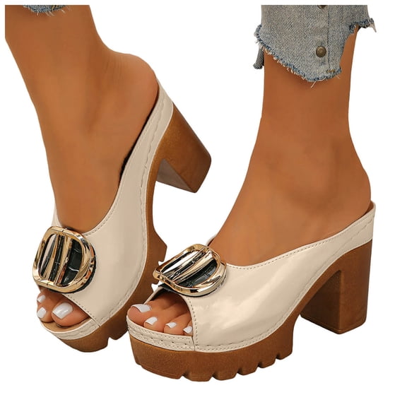 Rokment Women's Buckles Platform Dressy Slides Sandals 2026 Ladies Fashion Casual Leather Peep Toe Slip on Chunky Block High Heels Half Slippers Mules Beige Size 6