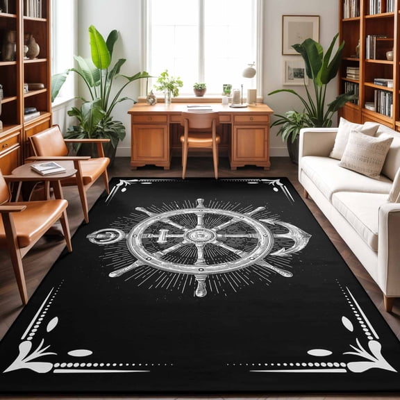 Large Area Rugs 5'x8', Nautical Anchor Carpet Runner Indoor Outdoor Rugs Home Decor Aesthetic, Coastal Ocean Sea Chic Textured Black Non Slip Mats Washable Accent Rug for Living Room Bedroom