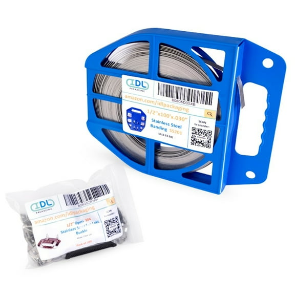 IDL Packaging Refill for 1/2" Stainless Steel 201 Banding Kit – 1/2" x 0.03" x 100' Stainless Steel 201 Banding Coil 100 Stainless Steel Ear-Lokt Buckles