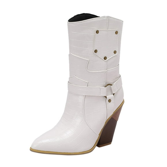 PEASKJP Heeled Boots for Women Mid Calf Chunky Heels Patent Leather Boots,White 41