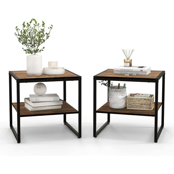 CRXX End Table Set of 2, Industrial 2-Tier Side Tables with Open Shelf, 20" Square Coffee Table with Heavy-Duty Metal Frame, Compact Tea Table Nightstand for Living Room, Bedroom,Rustic Brown