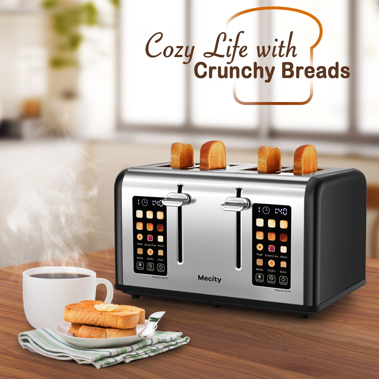 Mecity 4-Slice Toaster with Touchscreen, Stainless Steel, Wide Slots, 6 Browning Settings, Digital Display, Reheat, Defrost, Crumb Tray, Matte Black