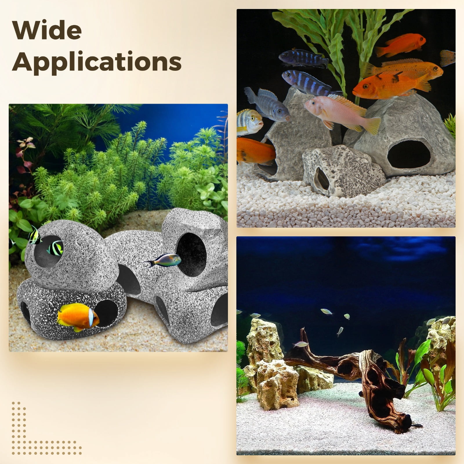 8 Pcs Ceramic Stone Cave Aquarium Decoration, Natural Rock Caves for Fish Tank, Smooth Surface, Multiple Sizes, Safe and Harm-Free, Provides Hiding Spaces for Fish