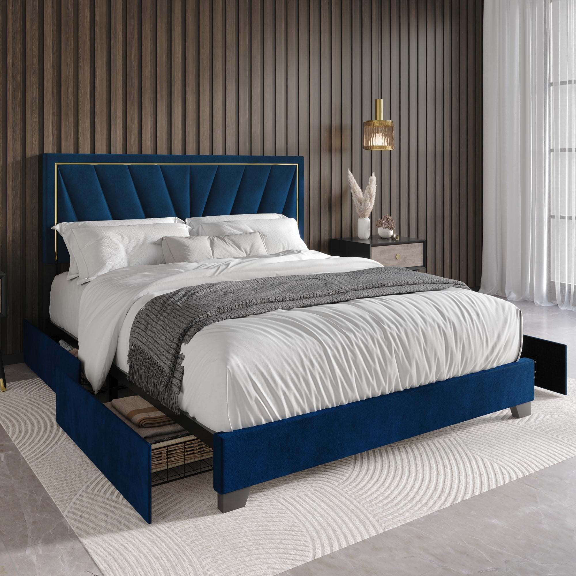 Home Design Valdez King Upholstered Storage Platform Bed Frame with Gold Aluminum Trim and Four Under-Drawers, Blue, Easy Assembly