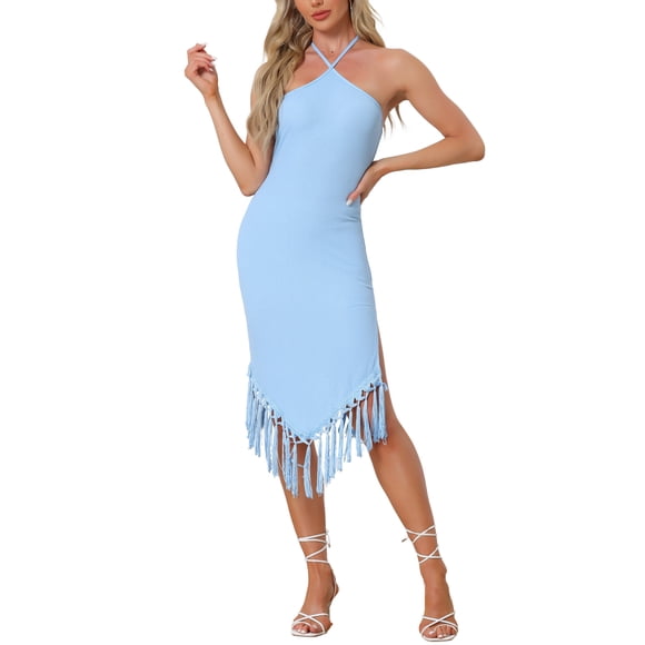 INSPIRE CHIC Vestido de fiesta para mujeres midi elegante con tirantes halter, sin mangas, con flecos, vestido de noche ajustado largo color azul cielo L