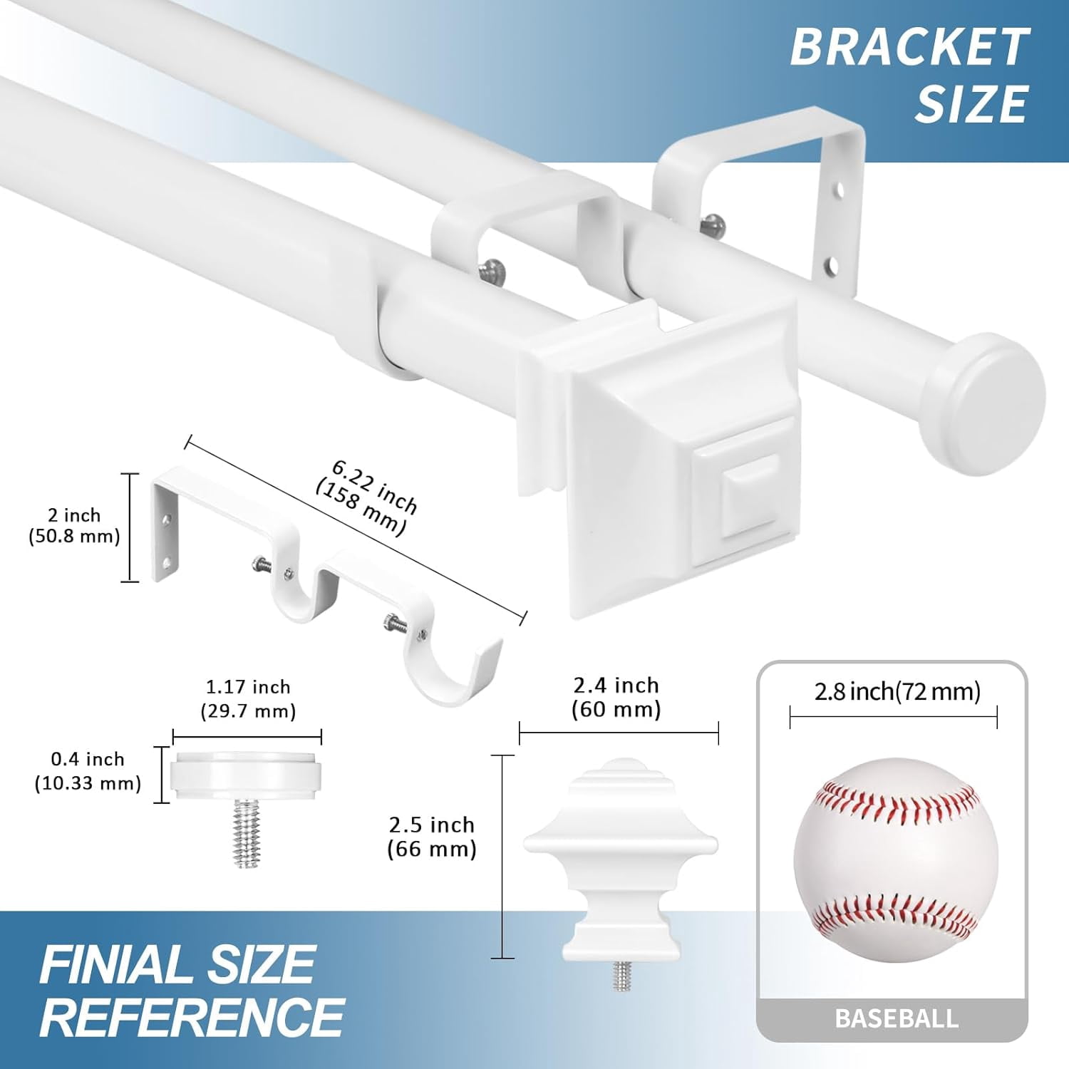 Urbanest Adjustable Double Curtain Rod Set Pila Flat Button Finials – 1″ Front & 3/4″ Back Rod With Glossy White Rod, 28–48 Inches