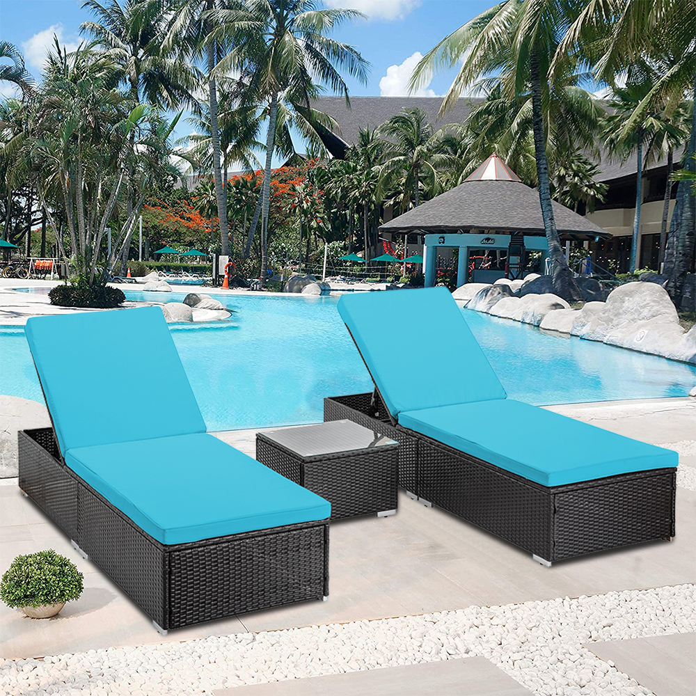 YOFE Chaise Lounge Chairs, 3 Pcs Patio Chaise Lounge Set, Outdoor Lounge Chair Set with Blue Cushions and Table, Rattan Wicker Lounge Chair, Outdoor Indoor Adjustable Rattan Reclining Chairs, R5736 - image 1 of 13