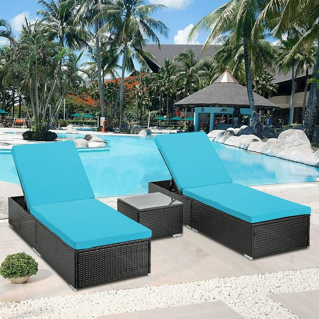 YOFE Chaise Lounge Chairs, 3 Pcs Patio Chaise Lounge Set, Outdoor Lounge Chair Set with Blue Cushions and Table, Rattan Wicker Lounge Chair, Outdoor Indoor Adjustable Rattan Reclining Chairs, R5736