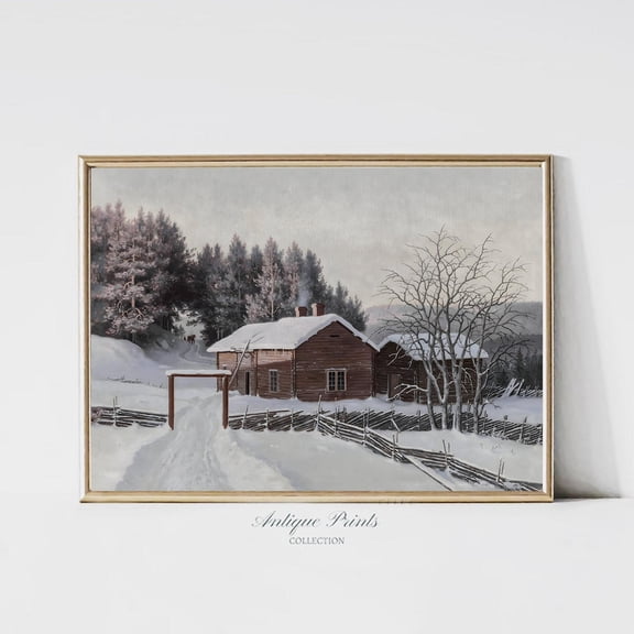 Vintage Winter Village Scene Poster, Winter Farmhouse Wall Art, Snowy Countryside, Antique Decor, 901, Unframed Canvas Size 24x36