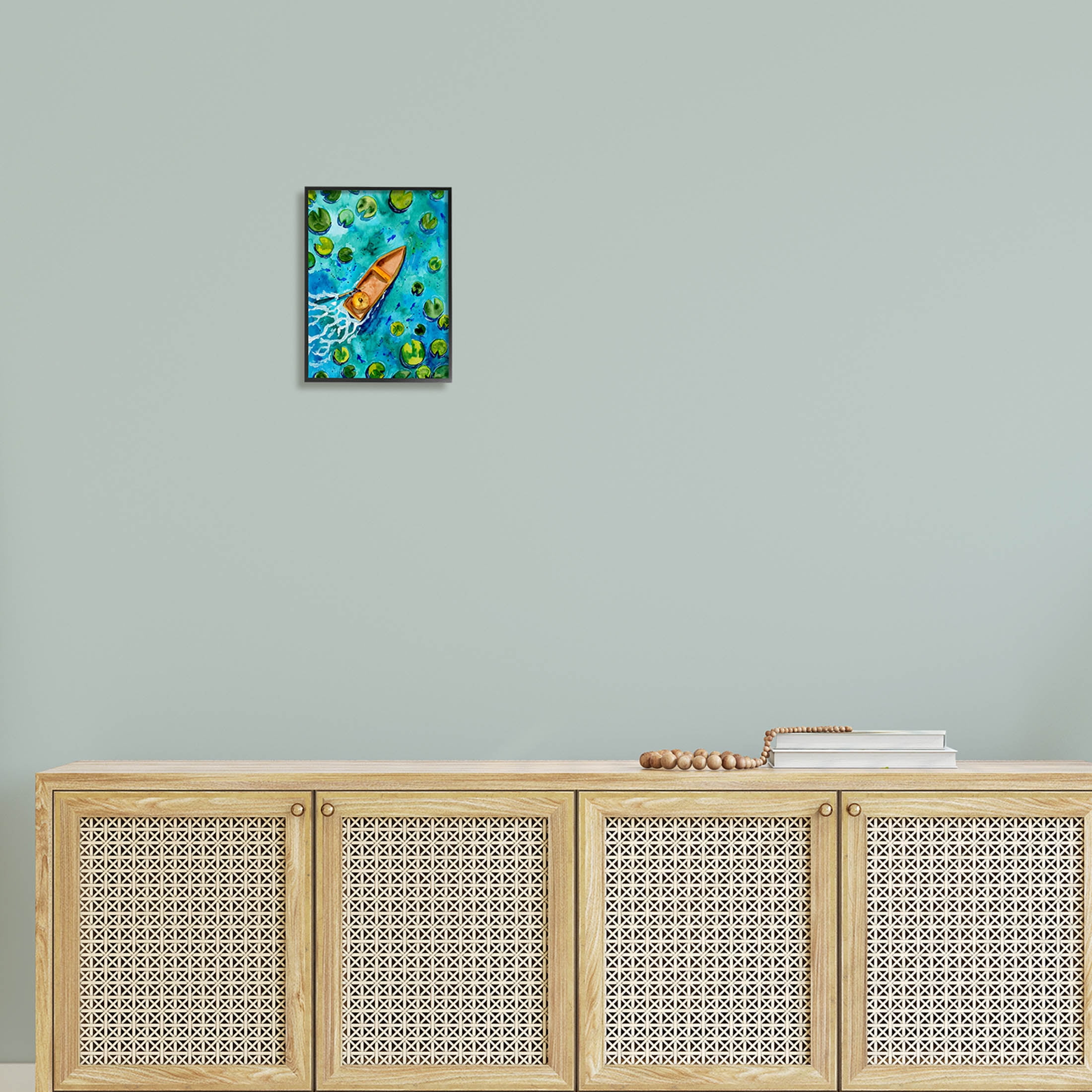 Pond Lilies Lake Boat Splash Transportation Painting Black Framed Art Print Wall Art