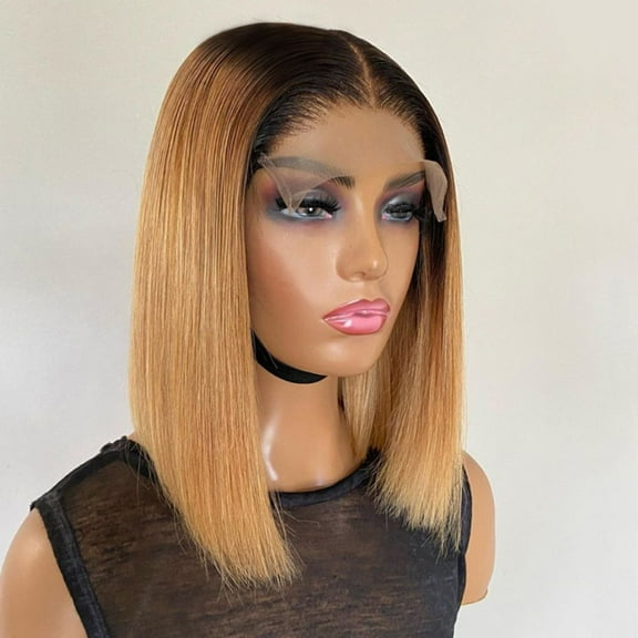 12Inches Short Ombre Bob Wig Preplucked Honey Blonde T Part Lace Wigs Straight Human Hair Wigs 13x1 Lace Part Wigs for Women Natural Brazilian Remy Hair Replacement