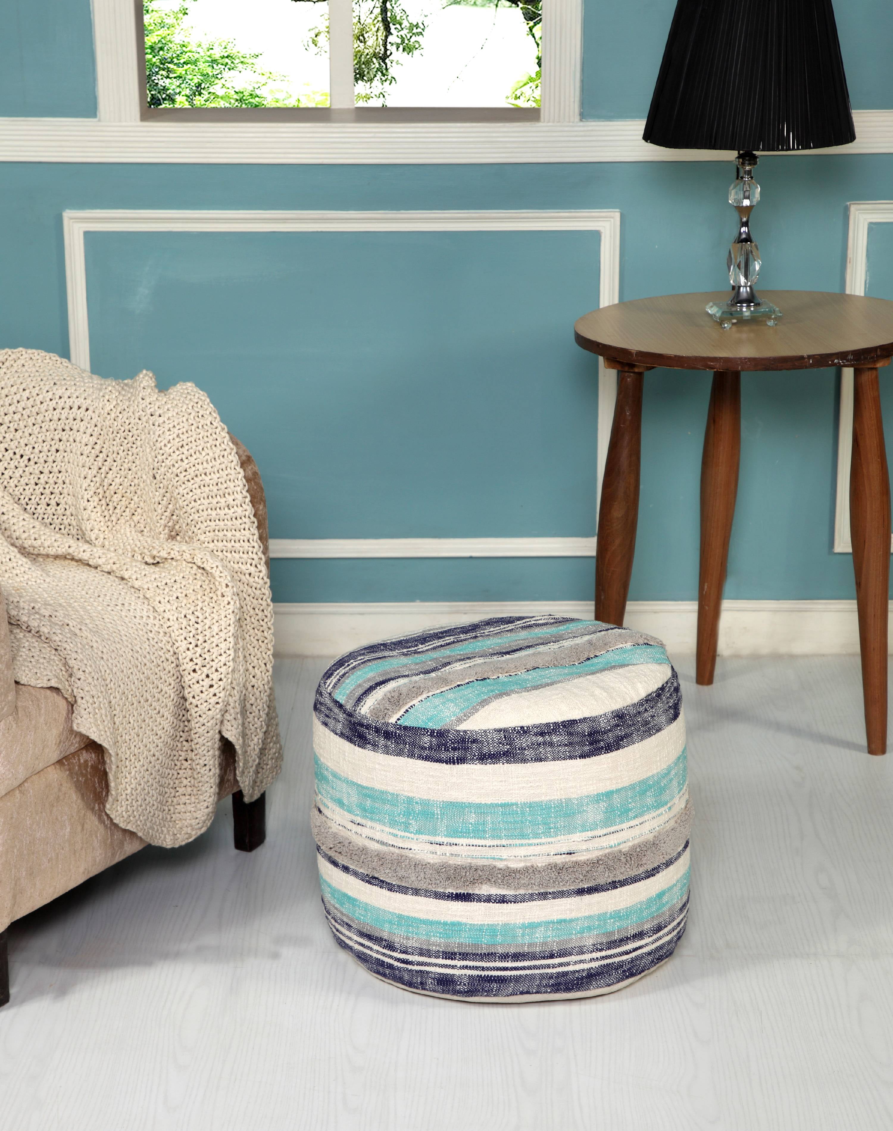 LR Home Round Blue Coastal Striped Pouf Ottoman 14 H x 18 W