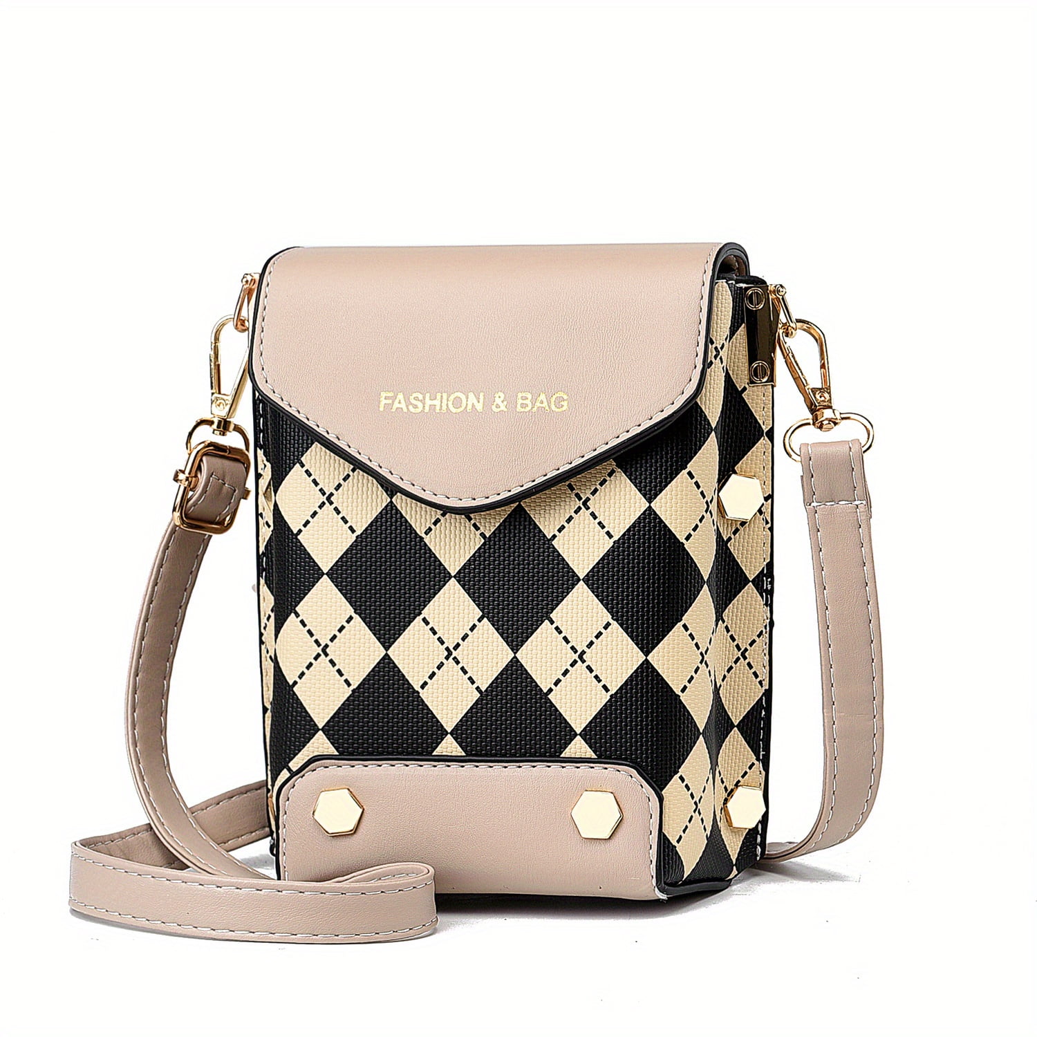 Mini Flap Crossbody Phone Bag Letter Print Shoulder Bag Women s Studded Decor Square Purse 4.7 6.7 3.7 Inch Walmart