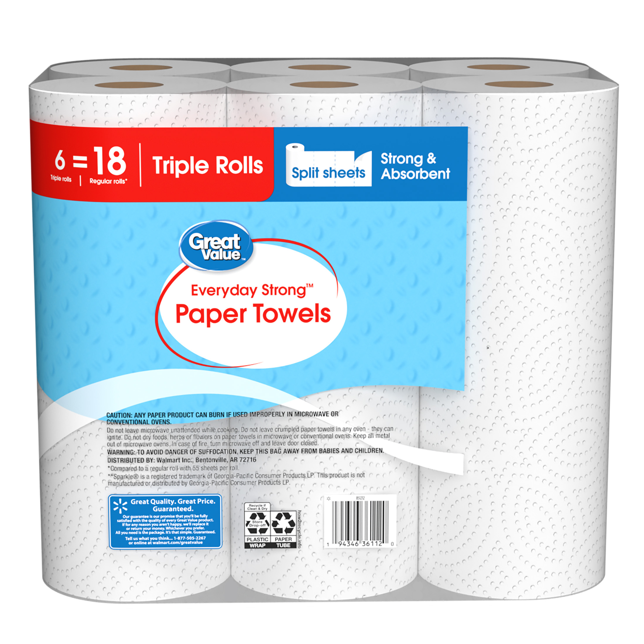 Great Value Everyday Strong Paper Towels, 6 Triple Rolls photo 4
