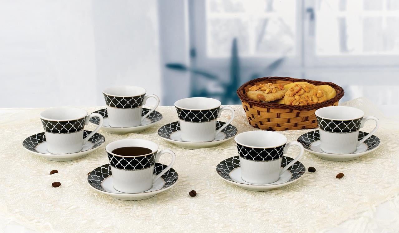 Metal Set Cups Black Saucers Set Cappuccino, of and Gold, with 6 and oz. Stand for - Mocha Latte, 2 Espresso Cafe